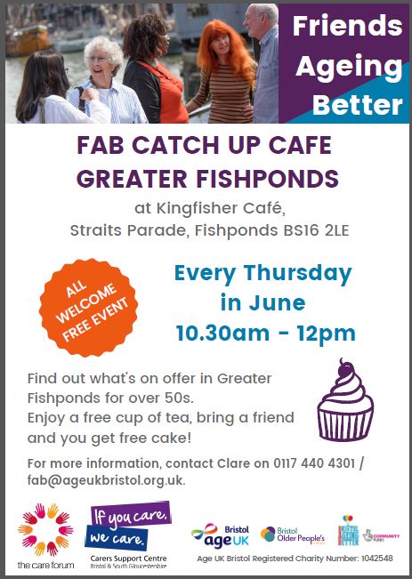 Friends Ageing Better poster advertising Thursday meeting at the Kingfisher Cafe, Fishponds at 10.30am