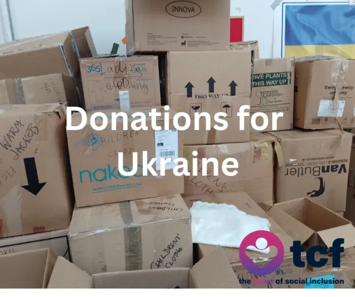 Pile of boxes of donations for Ukraine