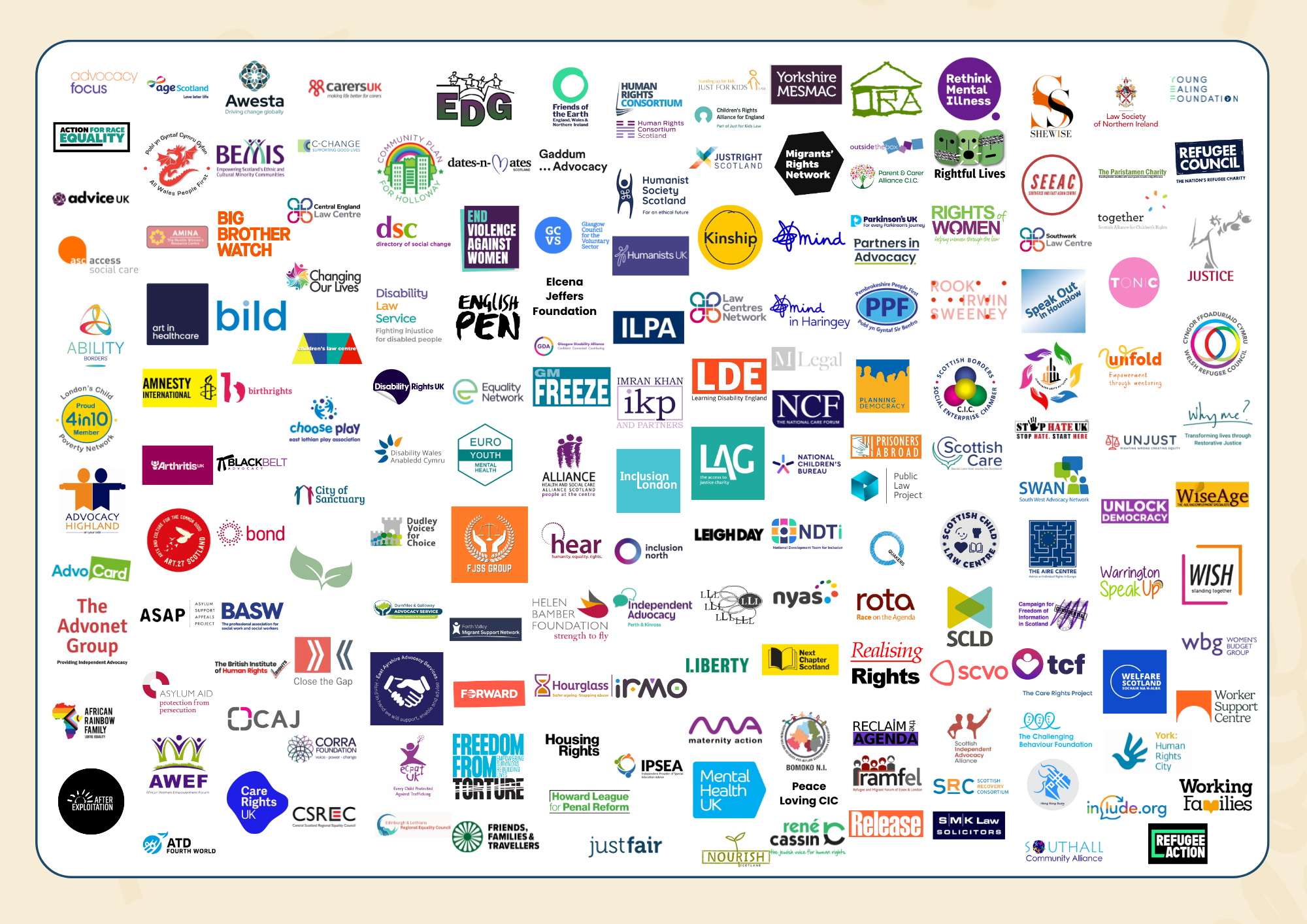 Logos of the 180+ organisations that have signed the Human Rights Day 2025 open letter.